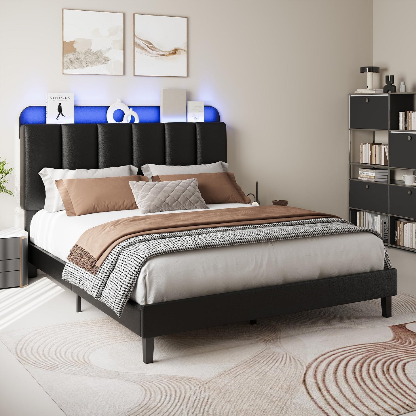 BarnFurin Full Size Bed Frame with LED Lights and Storage Headboard, Morden Bed Frame with Upholstered Headboard, Noise-Free, No Box Spring Needed, Easy Assembly, Black
