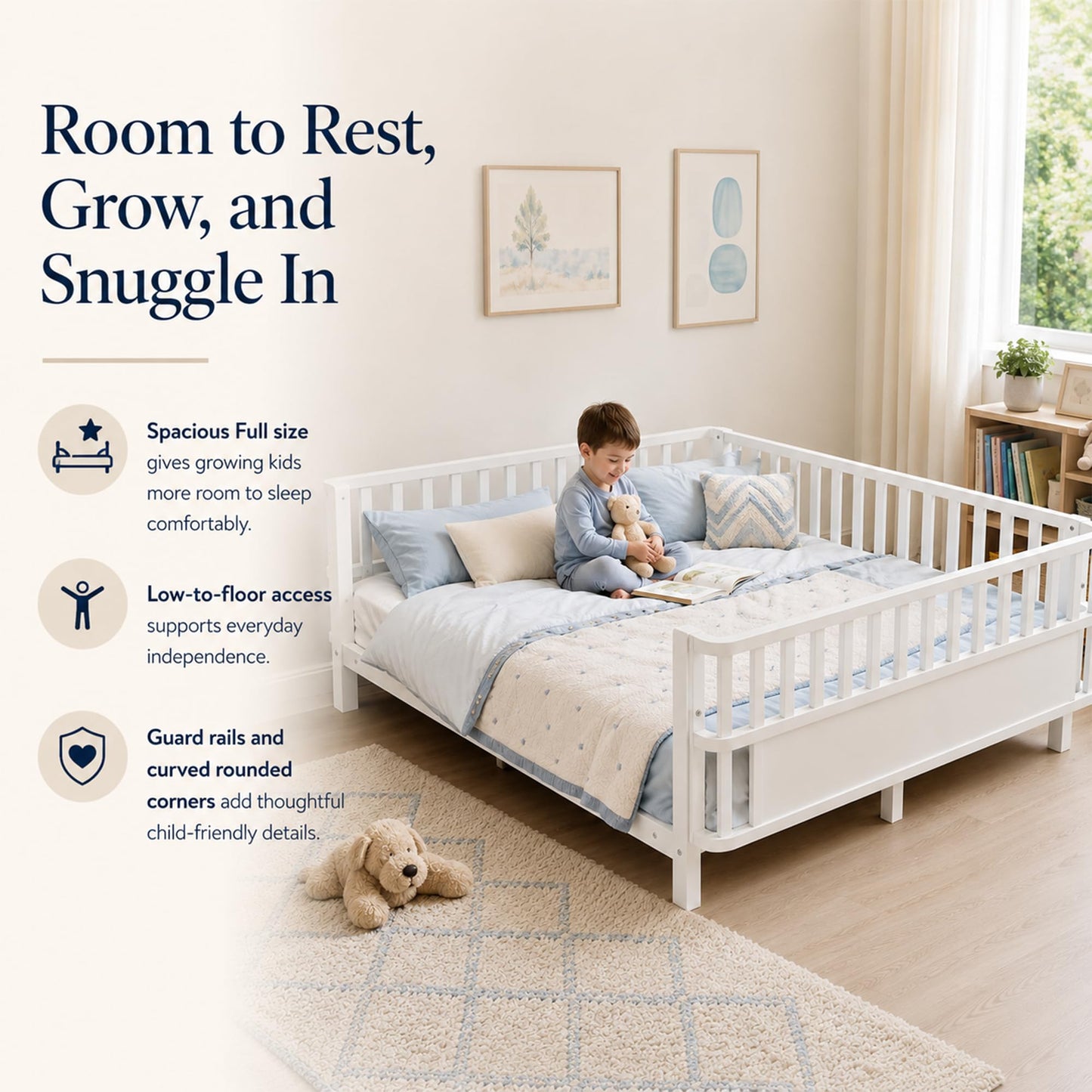 OYUMOENTS Full Size Bed Frame Kids, Metal Low Profile Montessori Bed Full with Removable Side Rails & Rounded Corner Design, Kids Daybed for Boys Girls, No Box Spring Needed, Easy Assemble, White