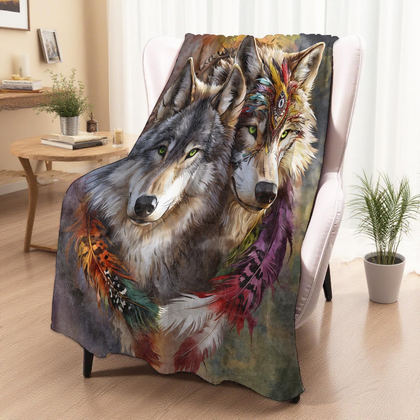 xmwjfd Tribal Wolf Pair Blanket, Cozy Plush Throw Blanket for Couch Bedroom Outdoor, Lightweight Soft Flannel Travel Blankets, Gifts for Women Adults Kids, Warm Decor 50"×60"
