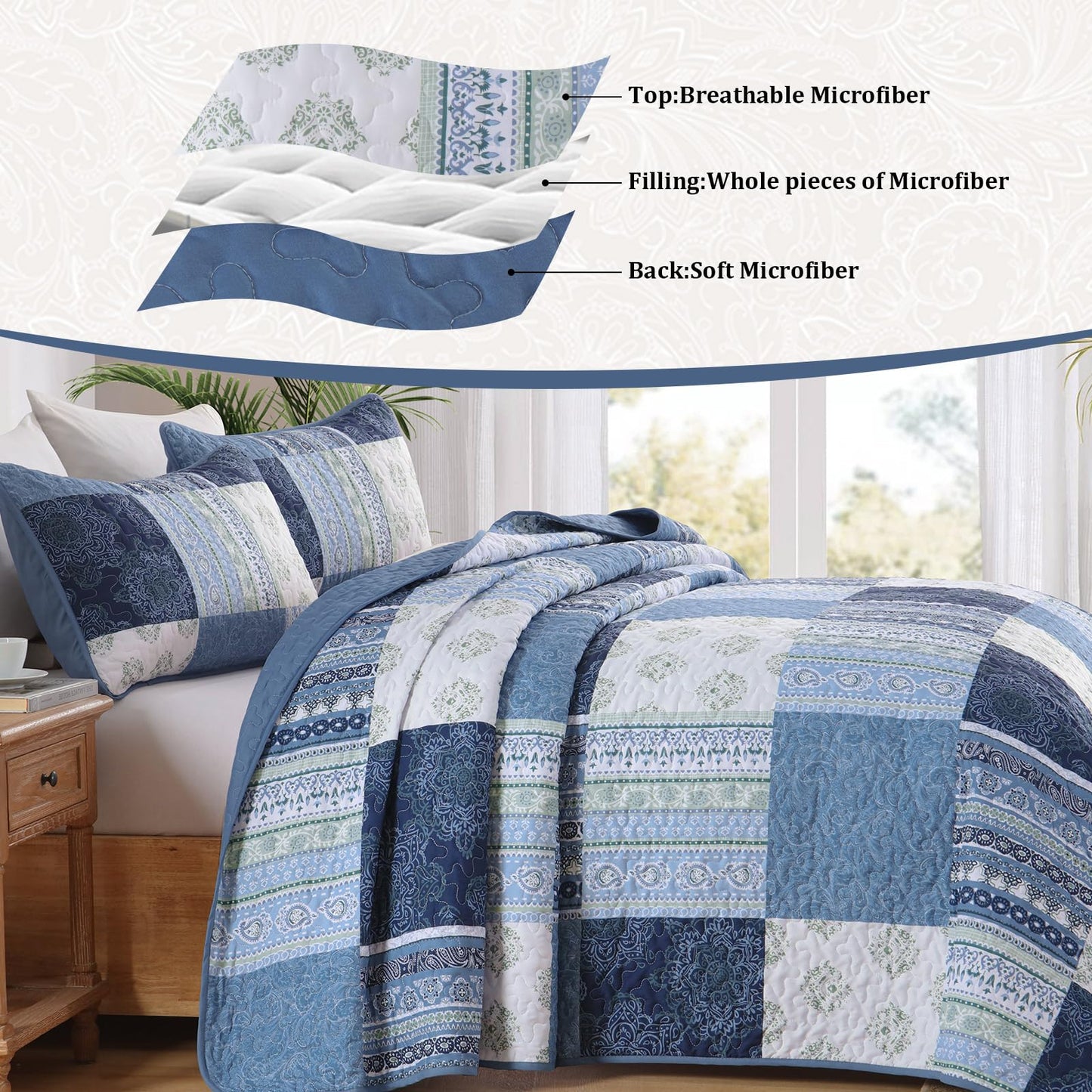 Dintszyayue Blue Patchwork Quilt Set Queen Size,3 Pieces Boho Bedspread Coverlet Set Plaid Bohemian Quilt Bedding Set Reversible Bed Cover Soft Lightweight Coverlet Set (Queen,96"x90")