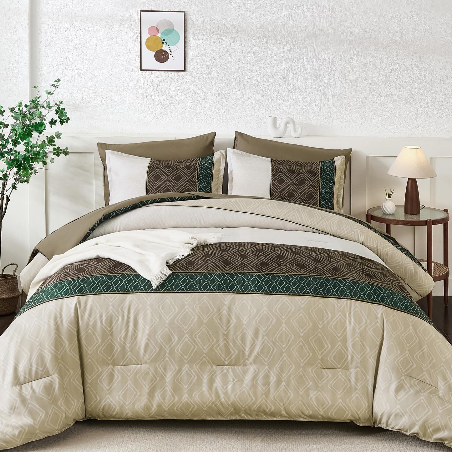 Dinjoy Queen Comforter Set Khaki Boho,7 Piece Bed in a Bag Queen Size Lightweight Striped Beige Bedding Sets Comforters with Plaid Light Brown Bed Set with Sheets for All Season