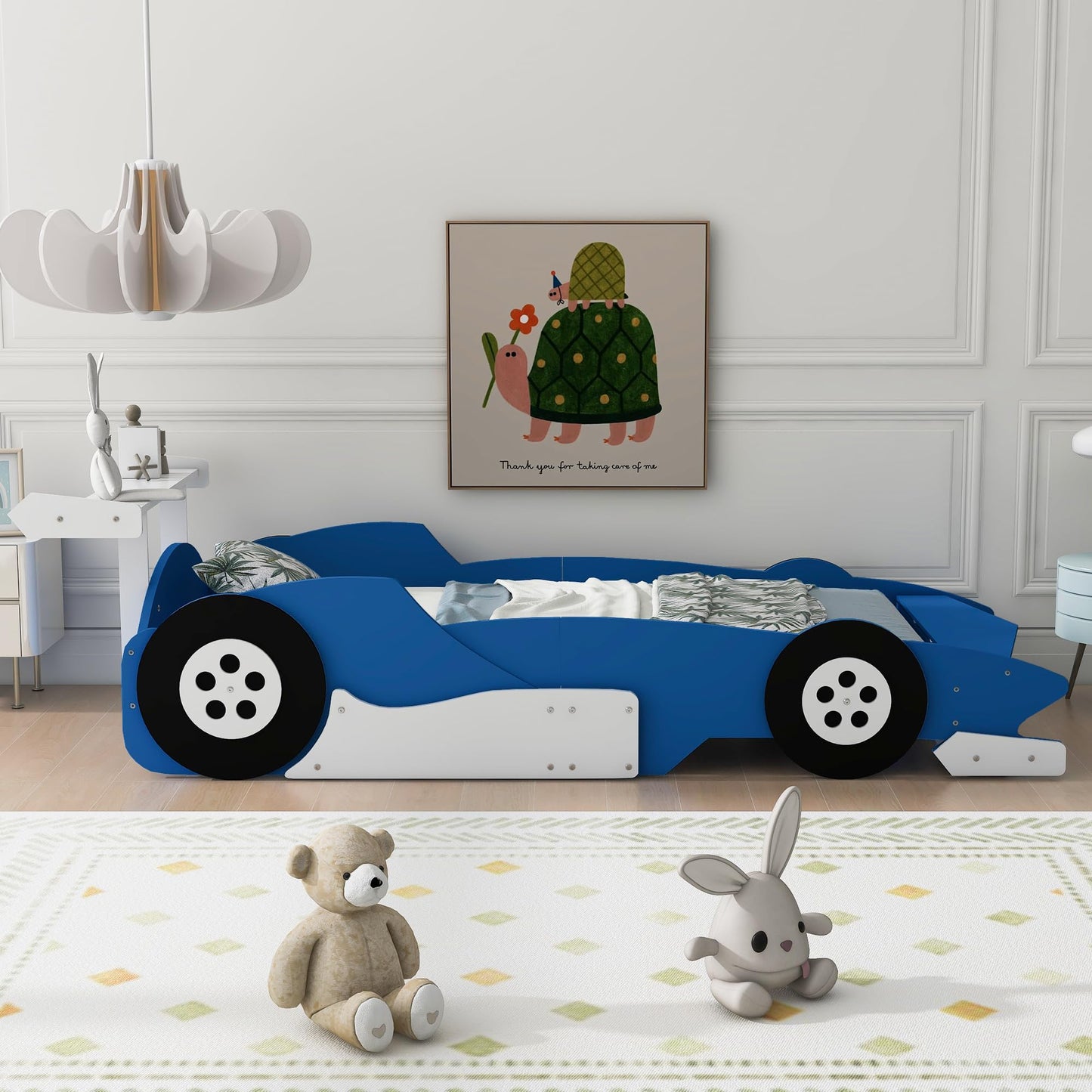 Merax Race Car Bed Frame Twin Size for Boys, Wood Car-Shaped Platform Bed with Wheels, Blue