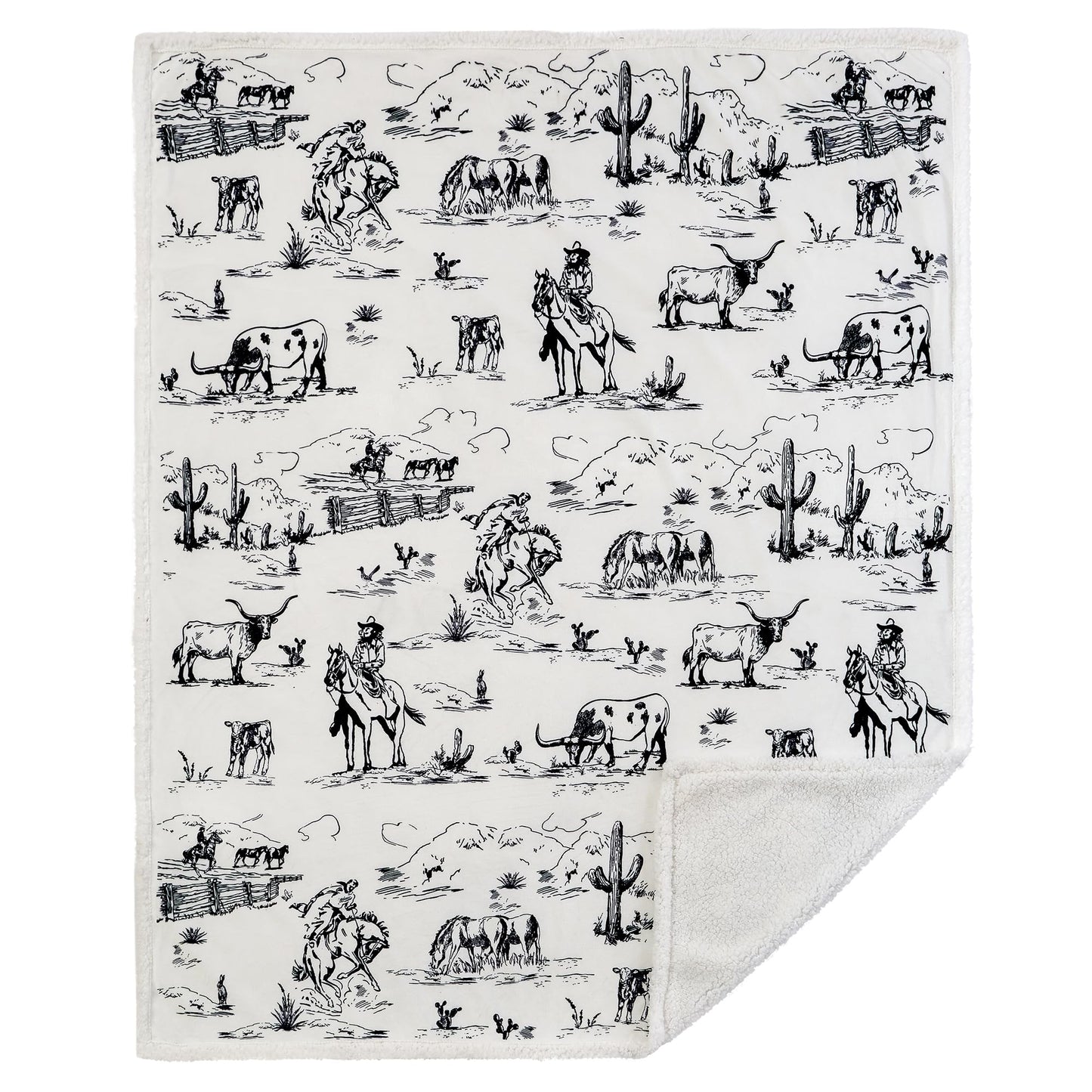 Paseo Road Indigo Hill by HiEnd Accents Ranch Life 3 Piece Sherpa Throw Blanket Set, White Black Cowboy Cow Longhorn Horse Print Fleece Throw Set, Western Rustic Style, 1 Throw and 2 Pillows