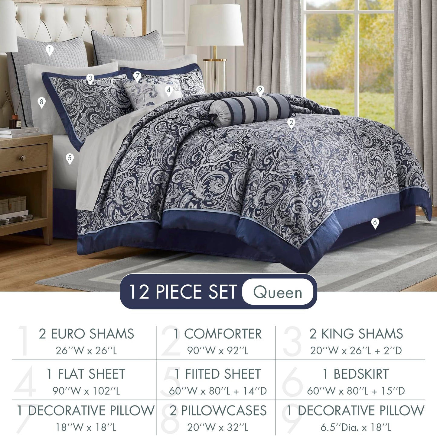 Madison Park Aubrey Cozy Comforter Set, Faux Silk Jacquard Paisley Design - All Season Down Alternative Bedding with Cotton Bed Sheets, Bed Skirt & Toss Pillows, Queen Navy 12 Piece