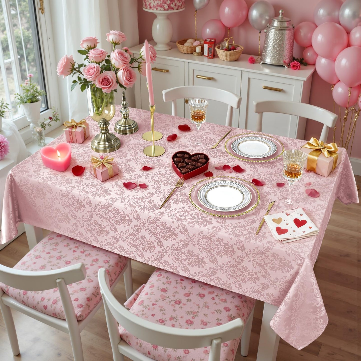 SASTYBALE Pink Jacquard Damask Rectangular Tablecloth 60 x 84 Inch
