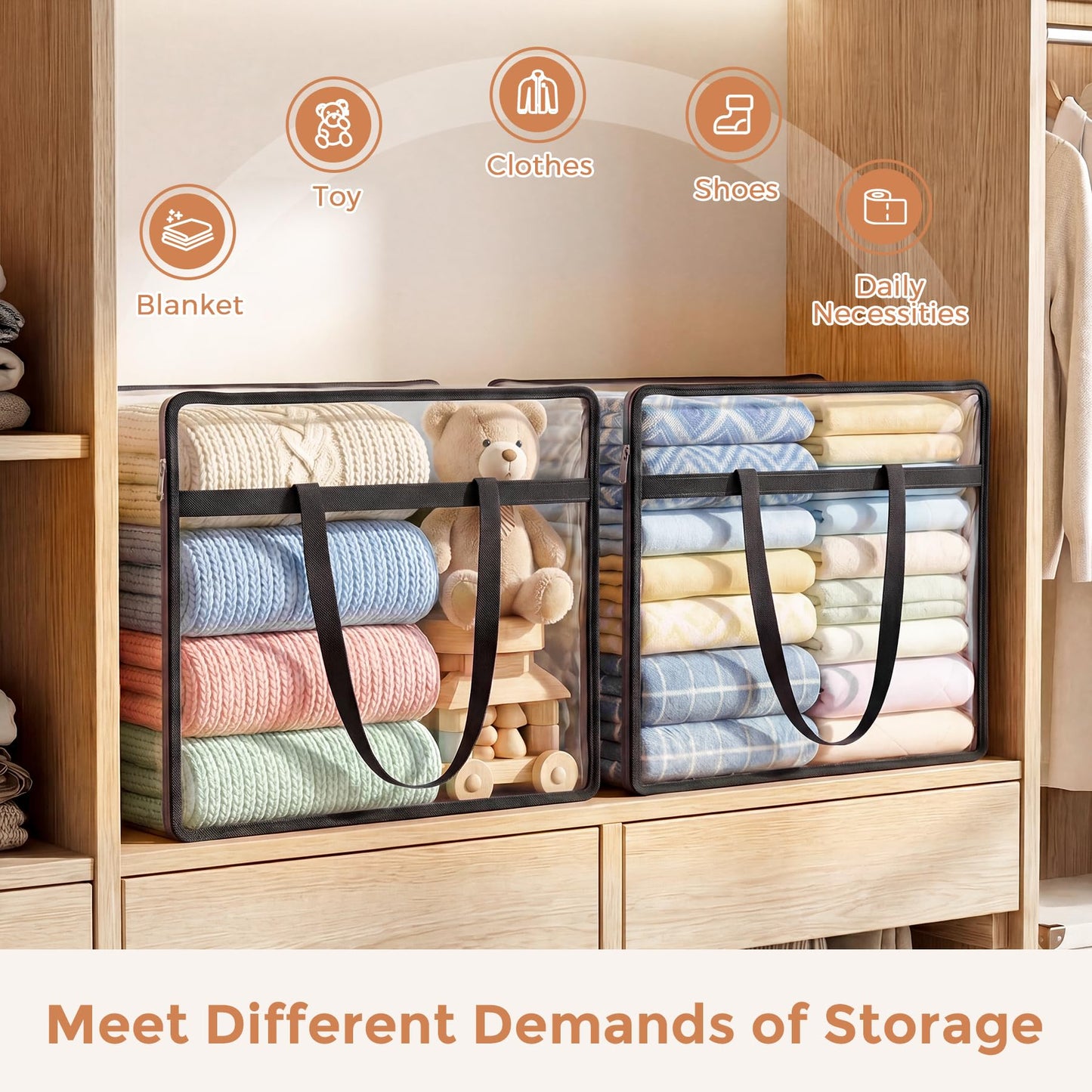 Budding Joy 6 Pack Clear Zippered Storage Bags for Clothes,40L Closet Organizers and Storage Containers Vinyl Moving Bag for Bedding, Linen, Blankets, Comforters, Clothing & Toys, Black