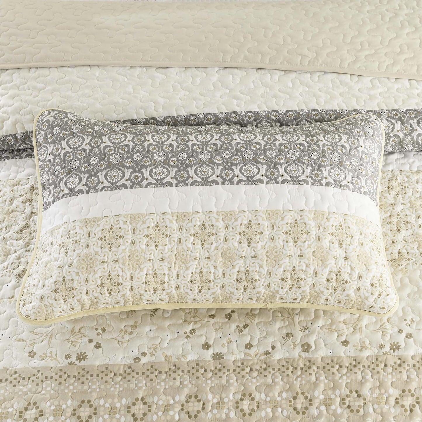 WONGS BEDDING Boho Quilt Set Queen Size,Beige Bohemian Striped Patchwork Bedspread Set,3 Pieces Microfiber Bedding Set for All Seasons (96"x90")