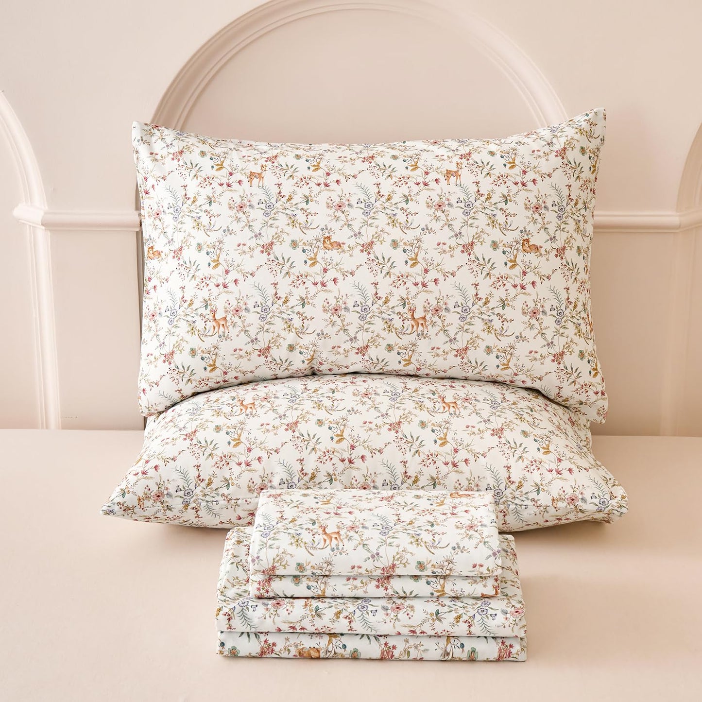 Huborise Orange King Size Sheet Set 100% Cotton Flannel-Like Warm Luxury Animal & Floral Bed Sheets 4Pc Deep Pocket 17.5", Double Brushed Extra Soft Breathable, Fall/Winter French Country Bedding