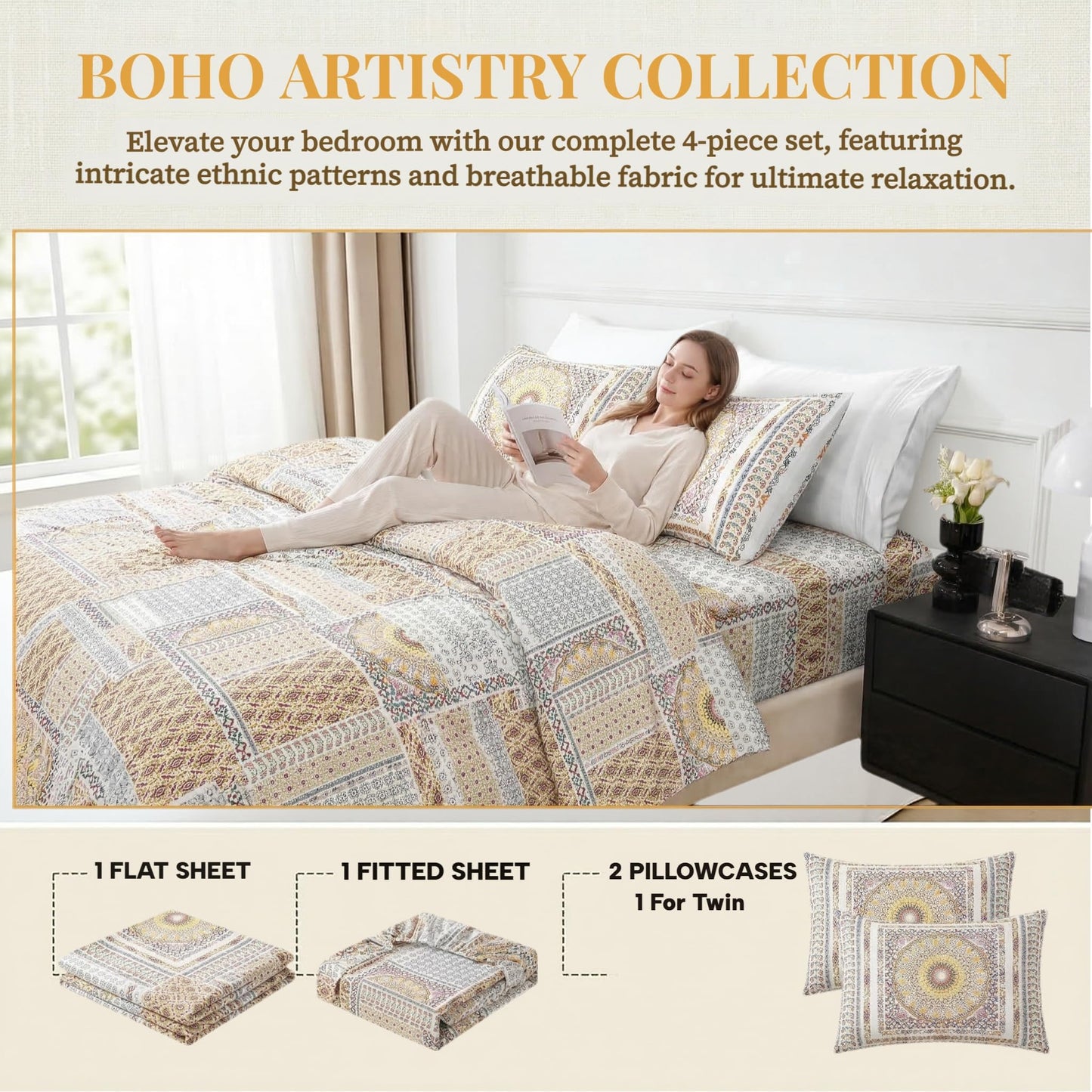 HCORA Boho King Sheet Set, Ultra Soft Double Brushed Microfiber Bed Sheets, Deep Pocket, Breathable, Wrinkle Resistant, Easy Care, 4PC, King