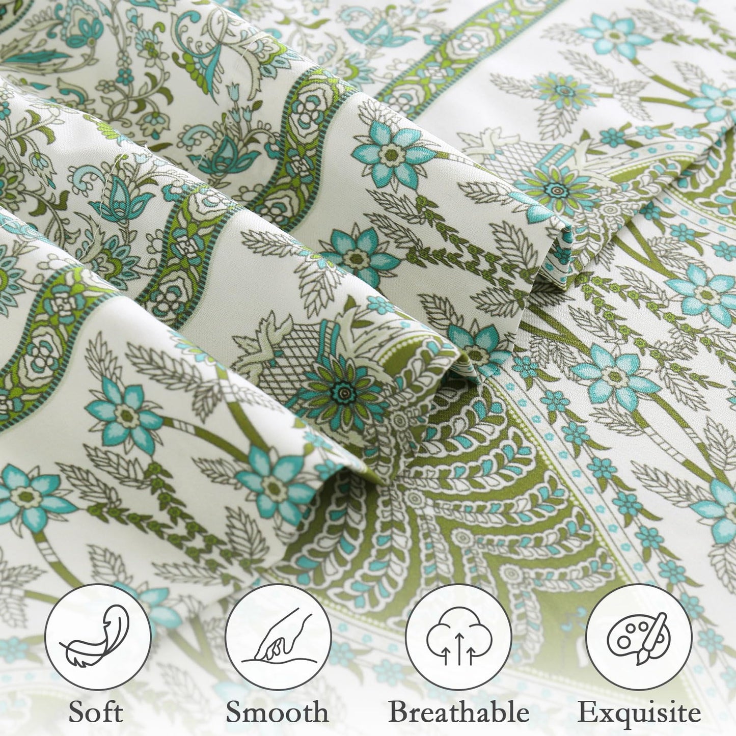 ChicView King Size Paisley Printed Sheet Set,4 Pieces Boho Style Breathable Soft Microfiber Bedsheets, Anti Pilling Deep Pockets Easy Care Bed Sheets, Green