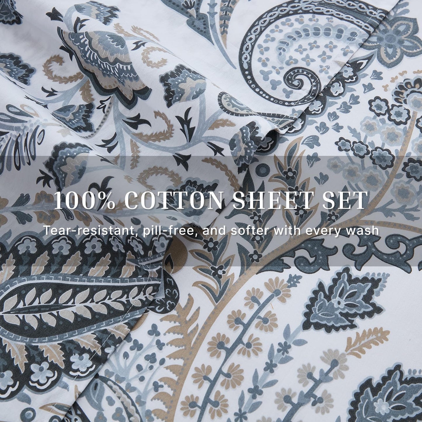 Cozaline 100% Cotton Sheet Set Queen Size – 4-Piece Luxury Grey Paisley Bedding Set, Extra Soft Breathable Percale Weave, Deep Pocket Fitted Sheet 17.5", Crisp Cool Feel Bed Sheet