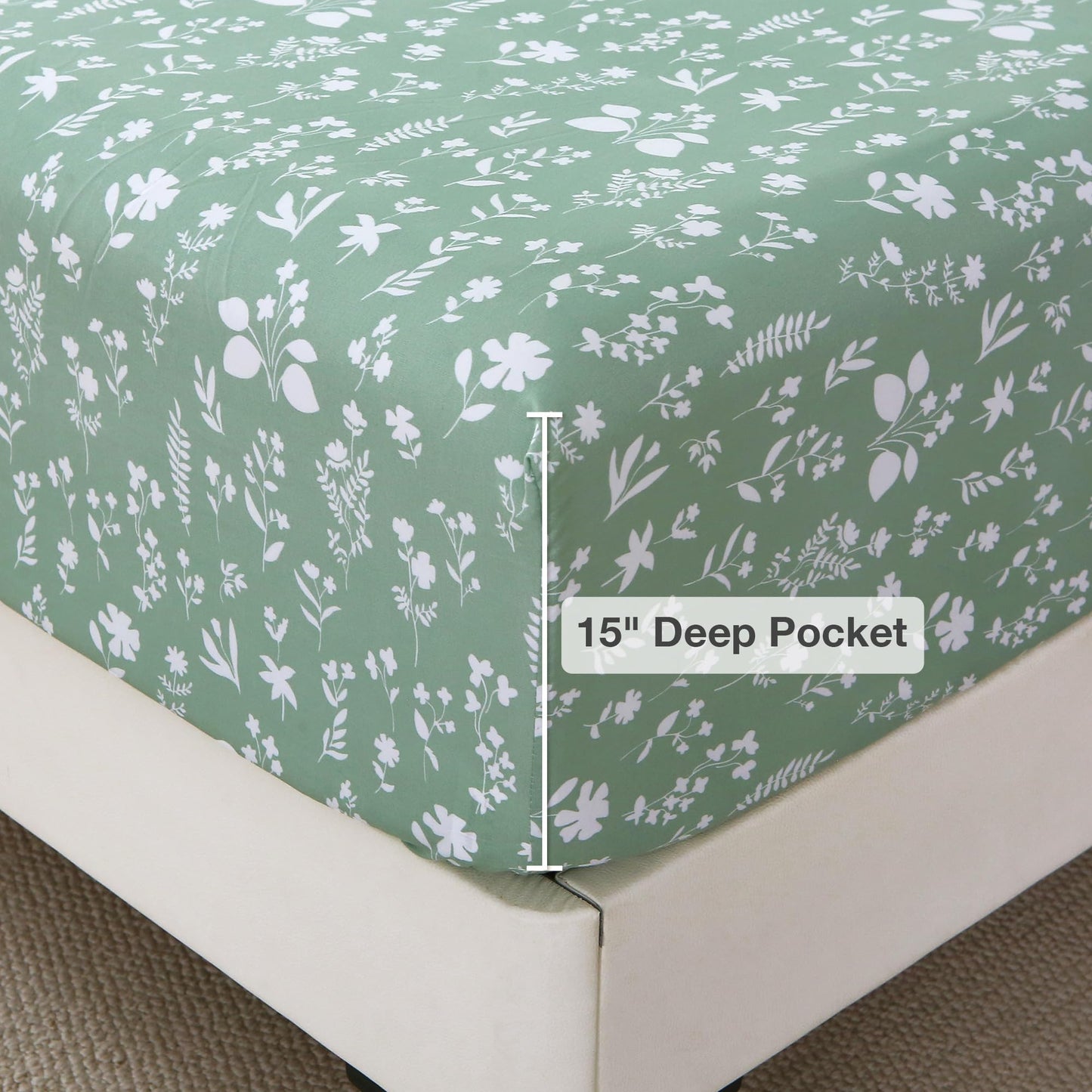 Viviland Sage Green Queen Sheet Set - 4 Piece Vintage Green Flower Patterned Bed Sheets - Soft, Breathable Microfiber Floral Sheets with Deep Pocket, Non-Slip Fitted Sheets & Pillowcases