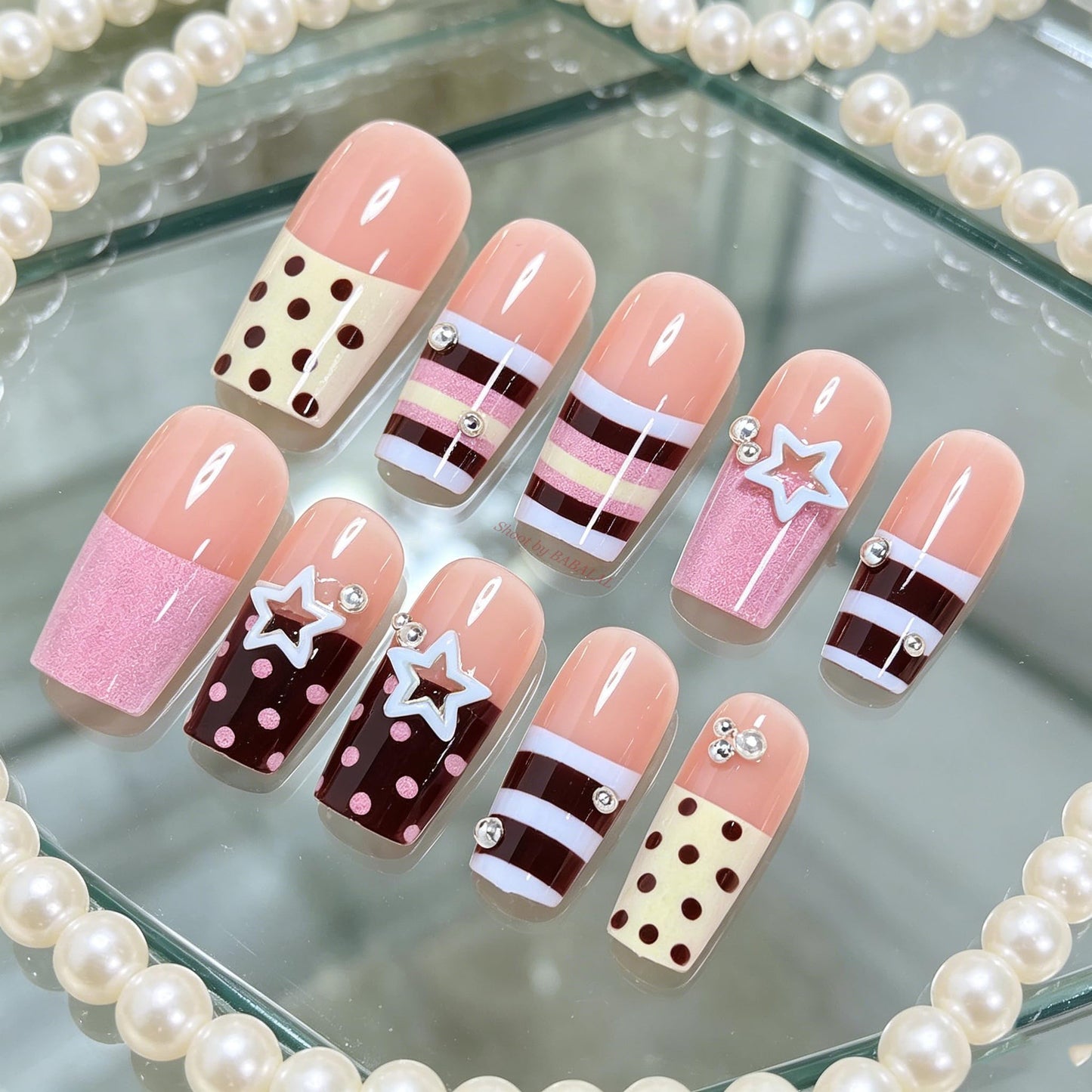 BABALAL Press On Nails, Long Square Fake Nails, Pink Brown with 3D Star Rhinestone & Polka Dot Stripe Design, Y2K Retro Cute Glue On Nails for Women and Girls 24Pcs