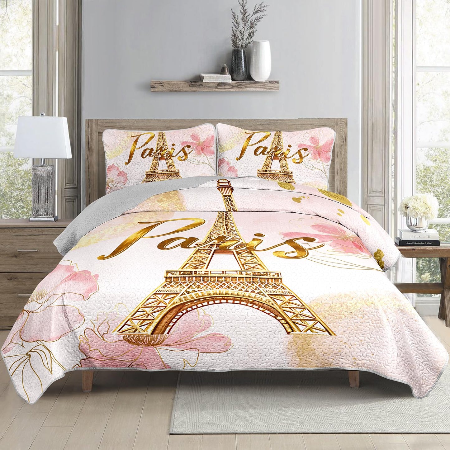 AILONEN Paris Eiffel Tower Bedding Soft Quilt Set King Size,Tie Dye Flower Pink Bedspread Coverlet,3 Piecespink and Gold Watercolor Quilt & 2 Pillowcases