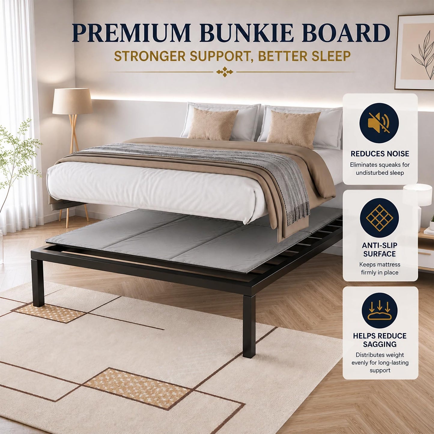 Treaton 15mm Bunkie Board Queen (60x80) – Heavy Duty Under Mattress Support, Low Profile Bed Support Board for Slatted Bed Frame, No Box Spring Needed, Noise Free, Non-Slip, Made in USA