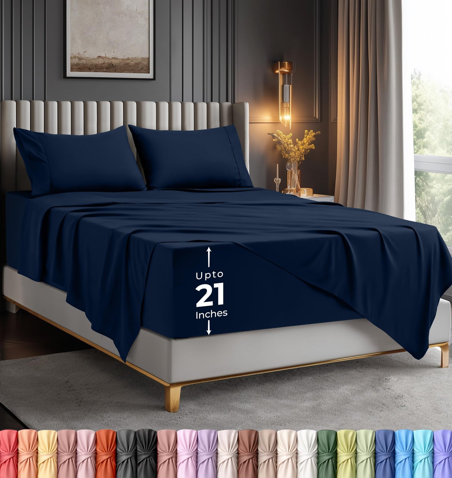 Utopia Bedding King Size Extra Deep Pocket Sheet Set – Fits Mattresses Up to 21 inches – Cooling, Soft & Breathable – Oeko-Tex 4 Piece Bed Sheets (Navy)