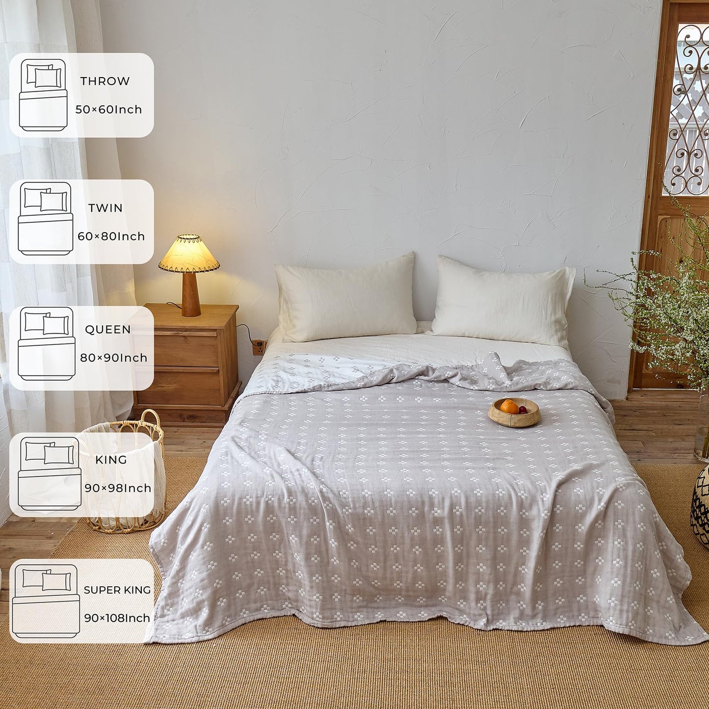STASOPTK 100% Cotton Muslin Blanket, Soft Reversible 4-Layer Gauze Cotton Quilt,Checkered Blanket for Couch Twin Size Bedspread Room Decor Pinic Blanket, 60"×80", Grey/Off White