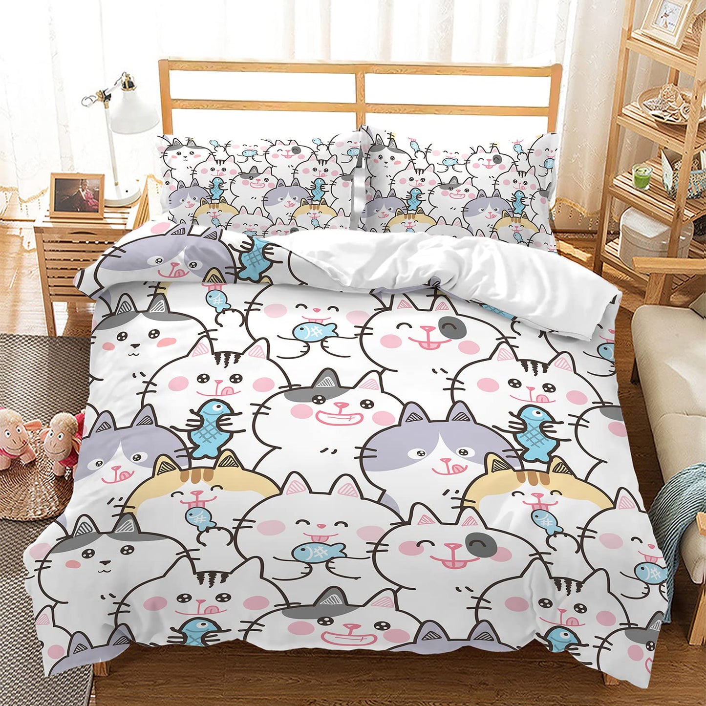 CVHOUSE Kawaii Bedding Queen Size,Kawaii Cat Bedding Set for Girls Kids Teens,Cute Cat Comforter Set Cover Soft,1 Duvet Cover 2 Pillowcases 3 Piece,Girl's Bedroom Kawaii Decor