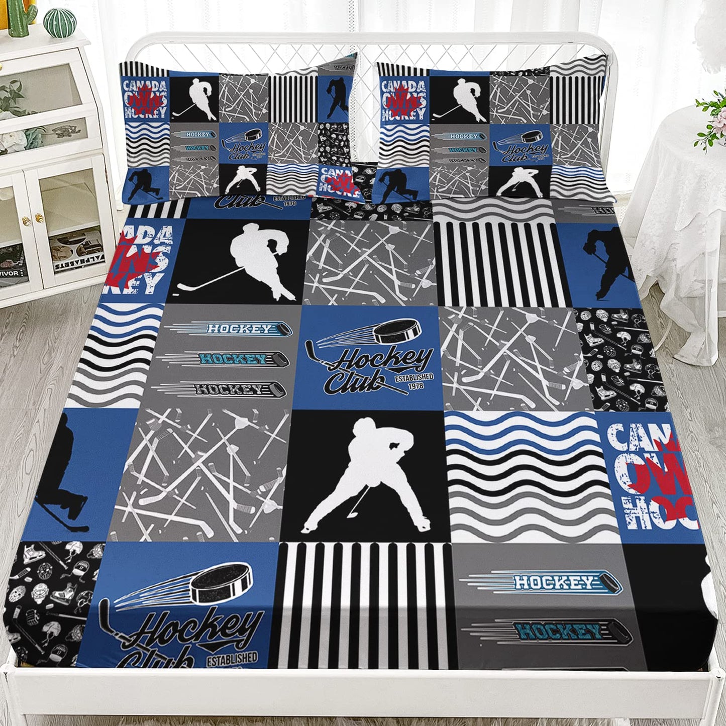 HOSIMA Hockey Fitted Sheets,Ice Hockey Player Bedding Set Twin Size,Lattice Bed Cover with Deep Pocket Cartoon Bedding for Kids Boys Girls Gift,1 Fitted Sheet with 2 Pillow Cases.