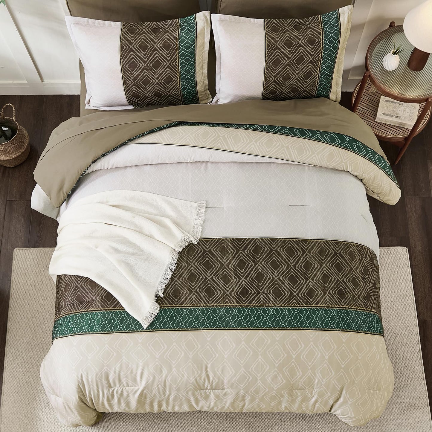 Dinjoy Queen Comforter Set Khaki Boho,7 Piece Bed in a Bag Queen Size Lightweight Striped Beige Bedding Sets Comforters with Plaid Light Brown Bed Set with Sheets for All Season