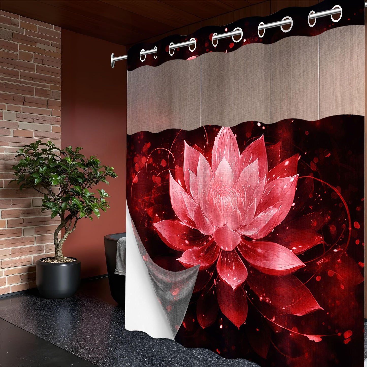 Lotus Hookless Shower Curtain with Liner, Black and Red Floral, 71"x74"
