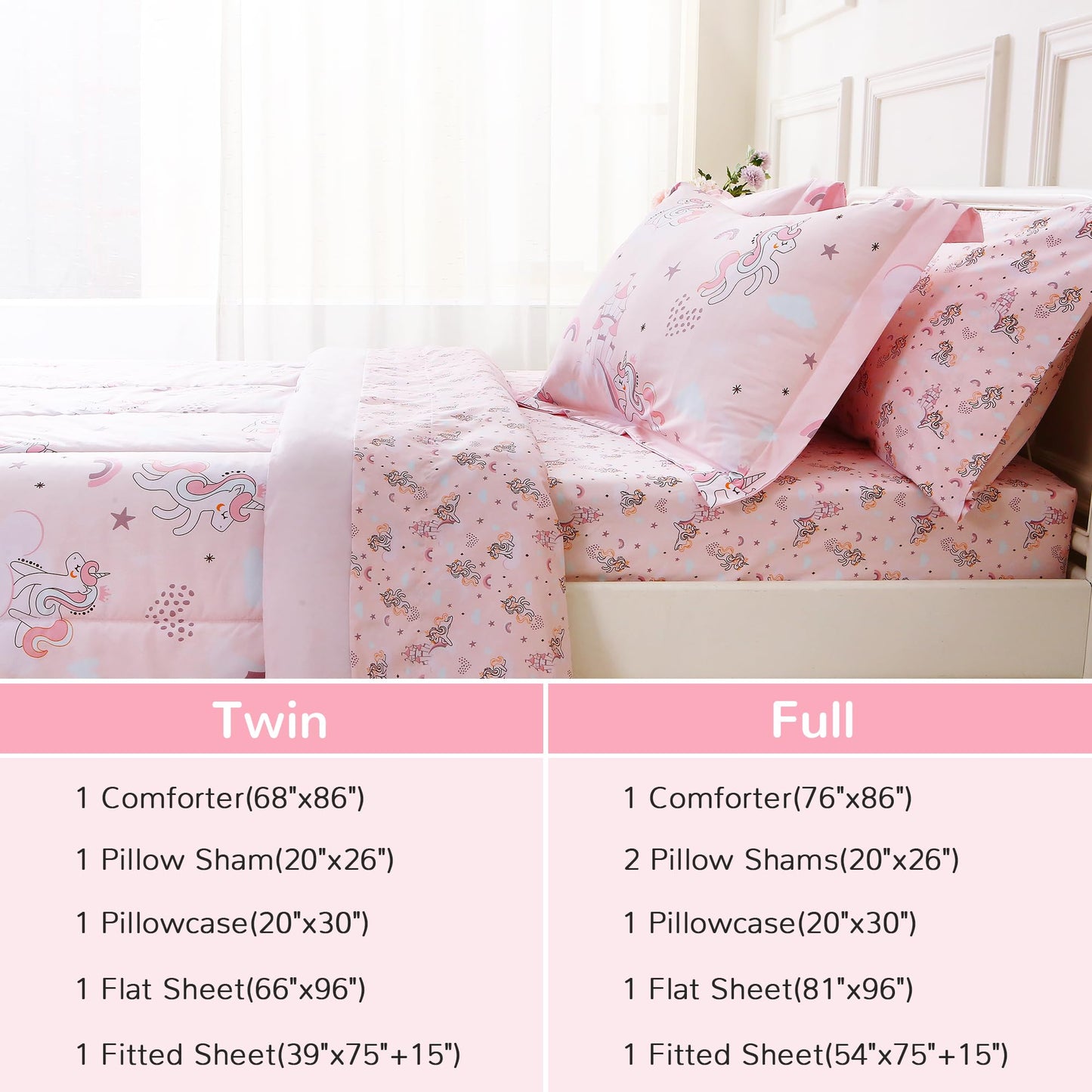 Viviland Kids Full Bedding Sets for Girls, Soft Full Comforter Set with Sheets, 7 Pieces Microfiber Bed in a Bag, Pink Unicorn