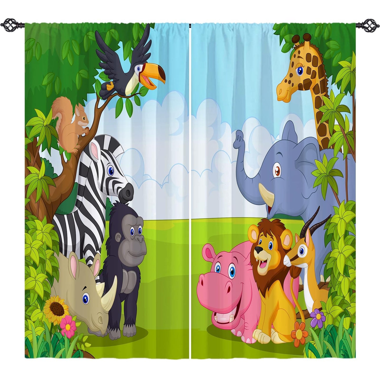 YUANZU Kids Animal Curtains W42 x L63 Inch Rod Pocket Jungle Safari Wildlife Zoo Elephant Giraffe Lion Print Pattern Privacy Fabric Window Drapes for Boys Bedroom Nursery Baby Playroom 2 Panels
