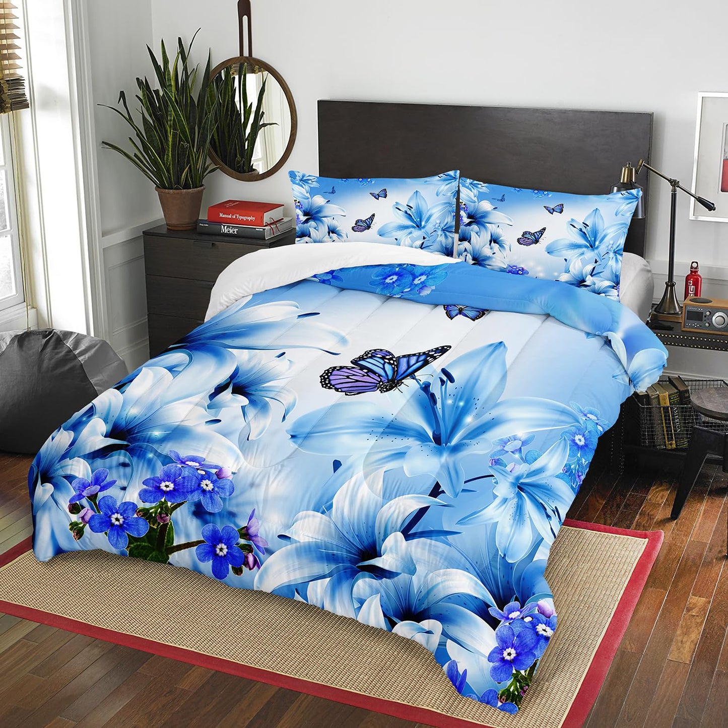 AILONEN Butterfly Girls Comforter Set Queen Size, Blue Lily Flowers Bedding Set for Kids Teen,Animals Botanical Floral Duvet Set 3 Pieces,1 Quilt and 2 Pillowcases