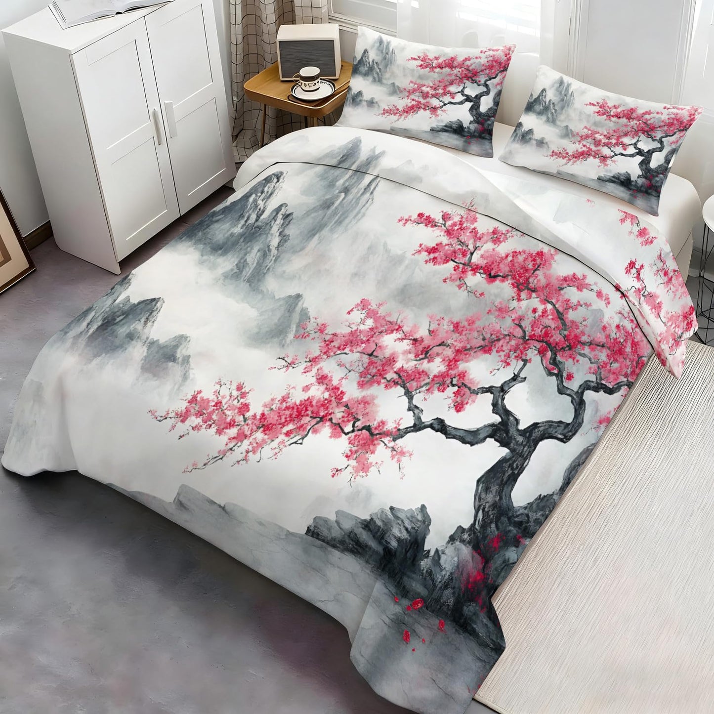 GKPLY Cherry Blossom Duvet Cover King, Mountain Bedding & Bedroom Decor, Traditional Floral Comforter, Zipper Closure, Misty Landscape Duvet Cover & 2 Pillowcases, Reversible Print