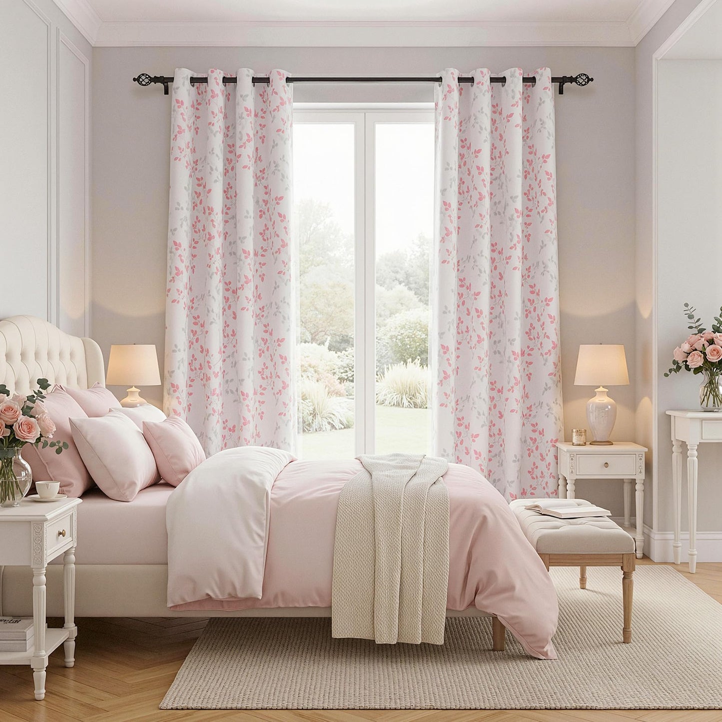 MEETSKY Pink Curtains for Girls Bedroom 95% Blackout Nursery Curtains 84 Inches Long- Leaf Patterned Curtain for Kids Nursery Thermal Insulated Grommet Window Drapes, Each Panels 52 Inch Wide
