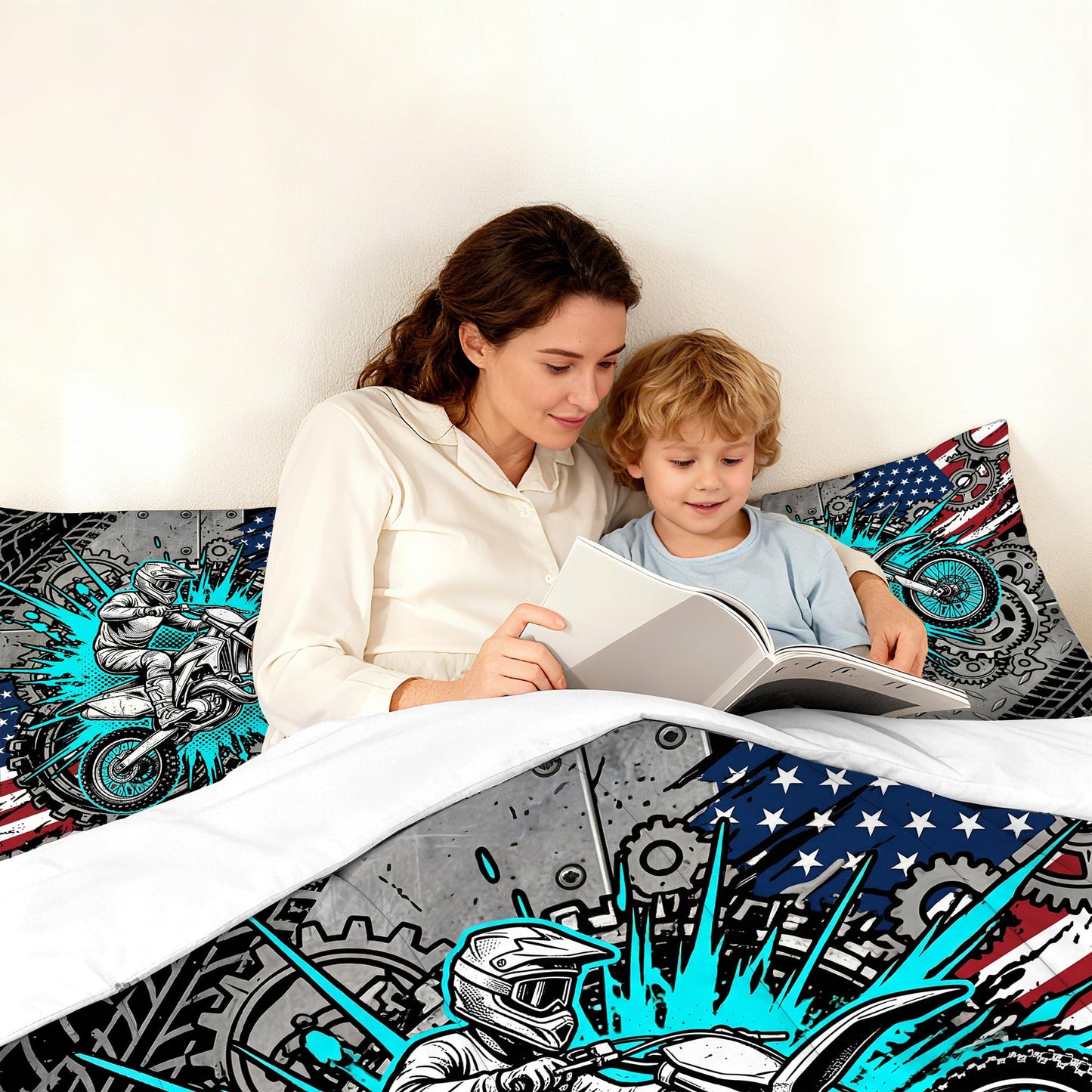 VTKON Motorcycle Comforter Set for Teens Queen 3Pcs with 1 Comforter and 2 Pillowcases Cool American Flag Bedding Boys Cool Bed Set Microfiber for All Season
