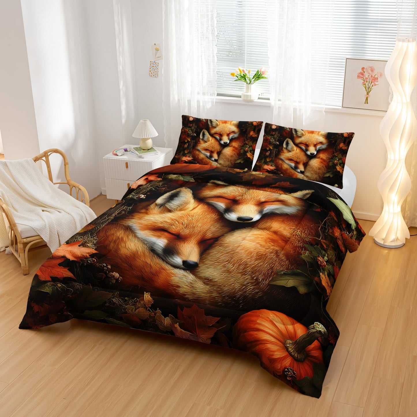 Nttopship Fox Comforter Set 3-Pieces Full Size,Cute Foxes Bedding Set for Kids Boys Girls Cute Animal Comforter Wildlife Quilt Set 3D Animal Plants Leaves Printed ThemeComforter with 2 Pillowcases