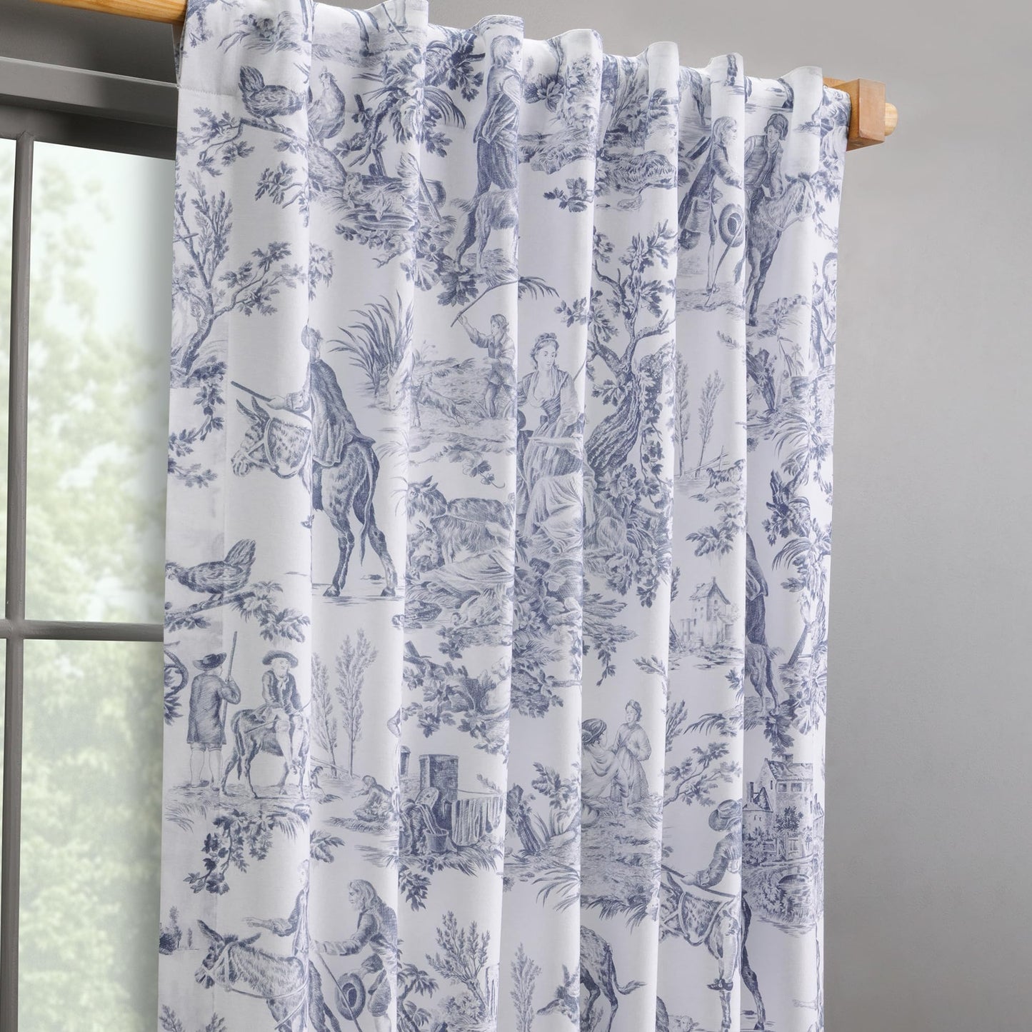 Maison d' Hermine Curtains for living room 100% Cotton 96 inch length One Panel Light Filtering Toile Curtains for Bedroom with rod and loop Pockets (The Miller Blue (White Background), 50"W x 96"L)