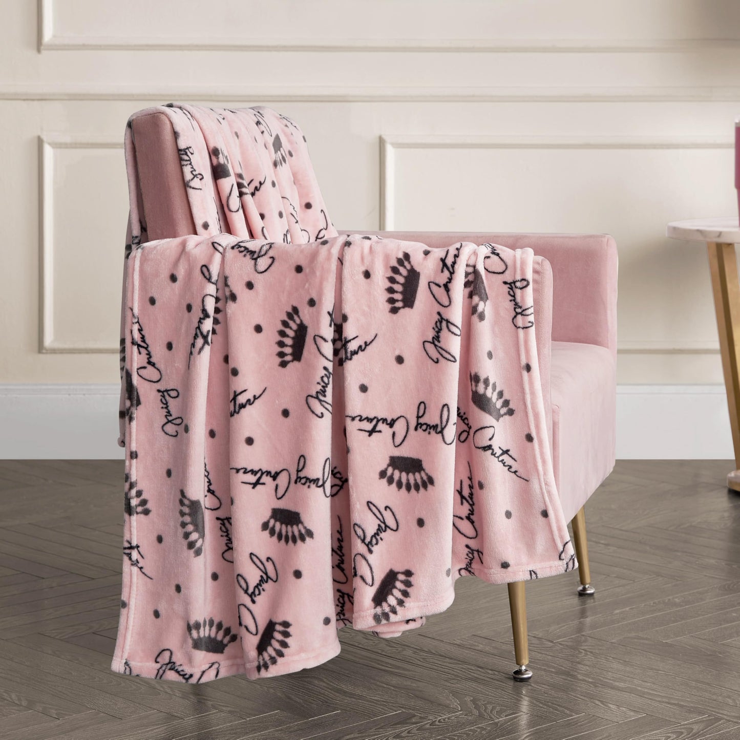 Juicy Couture - Throw Blanket | Crown Royal | Plush and Cozy | Decorative Blankets for Sofas, Chairs and Beds| Luxurious and Soft | Chic Home Decor | Measures 50" x 70" | Blush/Grey