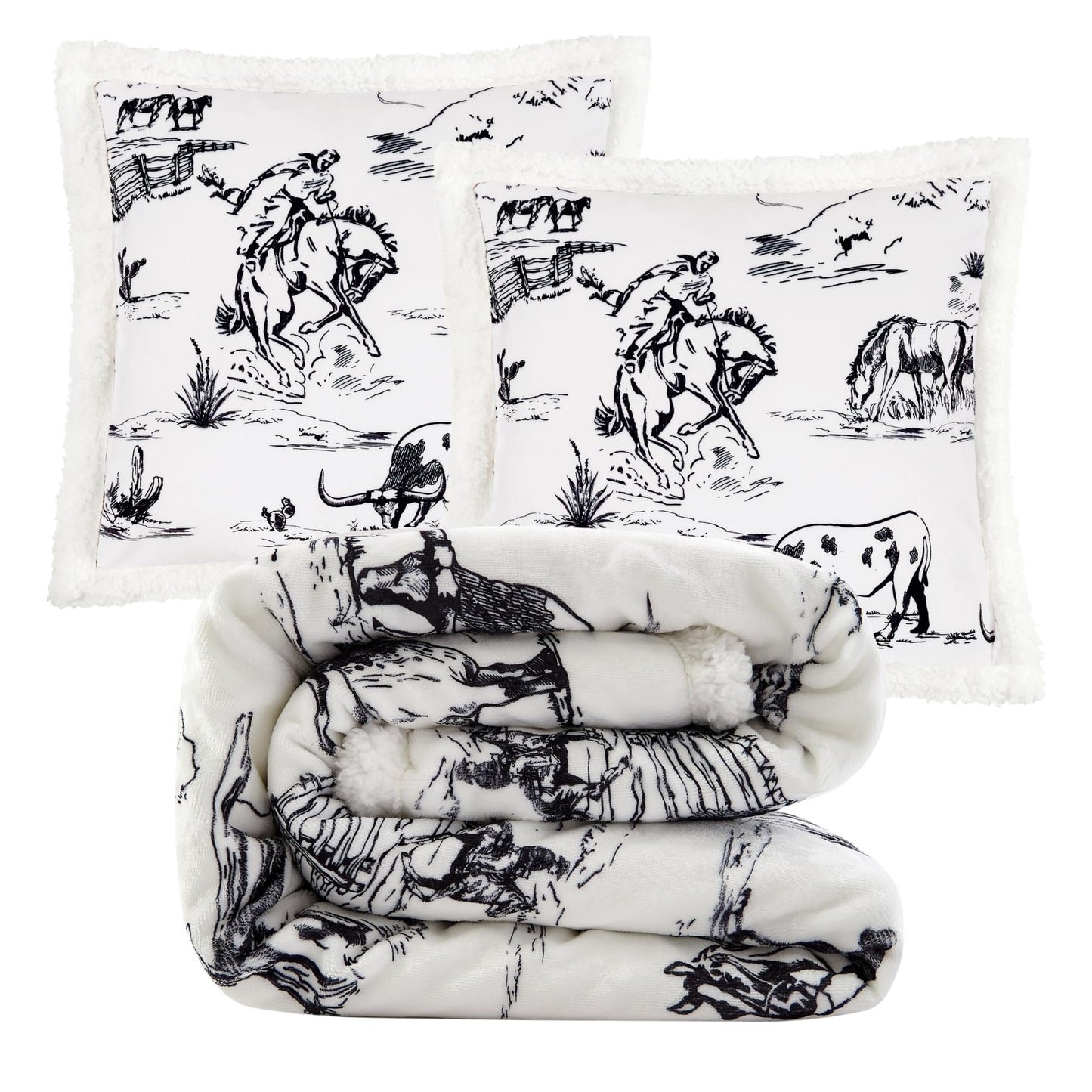 Paseo Road Indigo Hill by HiEnd Accents Ranch Life 3 Piece Sherpa Throw Blanket Set, White Black Cowboy Cow Longhorn Horse Print Fleece Throw Set, Western Rustic Style, 1 Throw and 2 Pillows