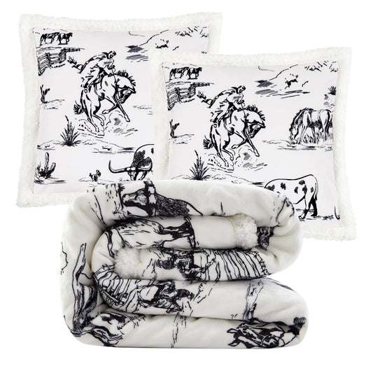 Paseo Road Indigo Hill by HiEnd Accents Ranch Life 3 Piece Sherpa Throw Blanket Set, White Black Cowboy Cow Longhorn Horse Print Fleece Throw Set, Western Rustic Style, 1 Throw and 2 Pillows