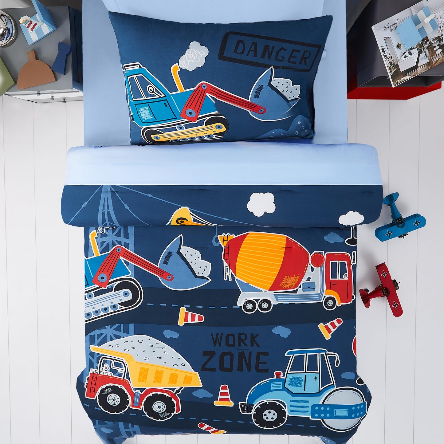 Kaleido Space Twin Kids Comforter Set - 5 Pieces Twin Bedding Sets for Boys Teen, Glow in The Dark Truck Tractor Excavator Bed in A Bag with Sheets