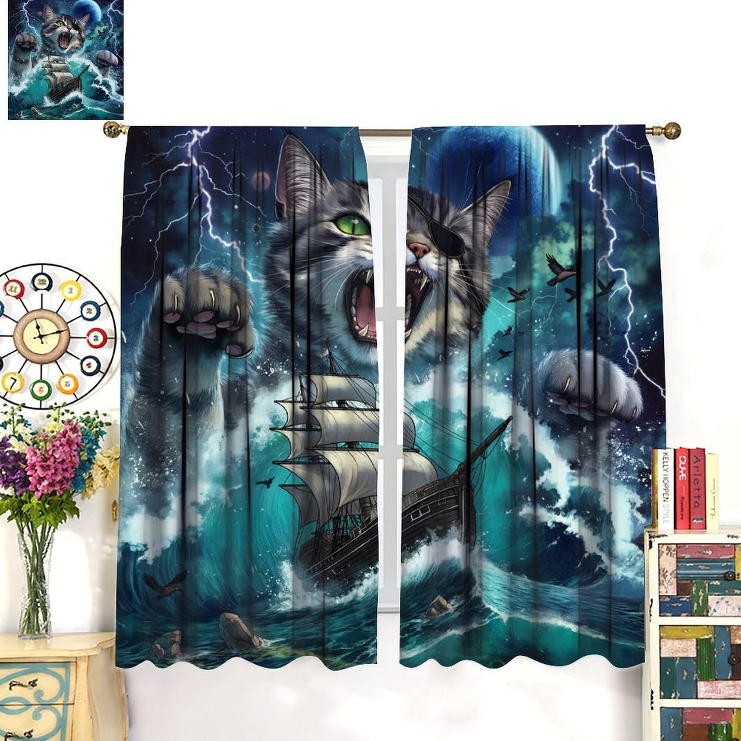 Pirate Cat Curtains for Kids Funny Pirate Ship Sea Ocean Waves Nautical Sailboat Moon Cool Animal Beach Seagull Cute Pattern Window Treatments For Boys Teen Bedroom Living Room 42x44.5In（No Blackout）