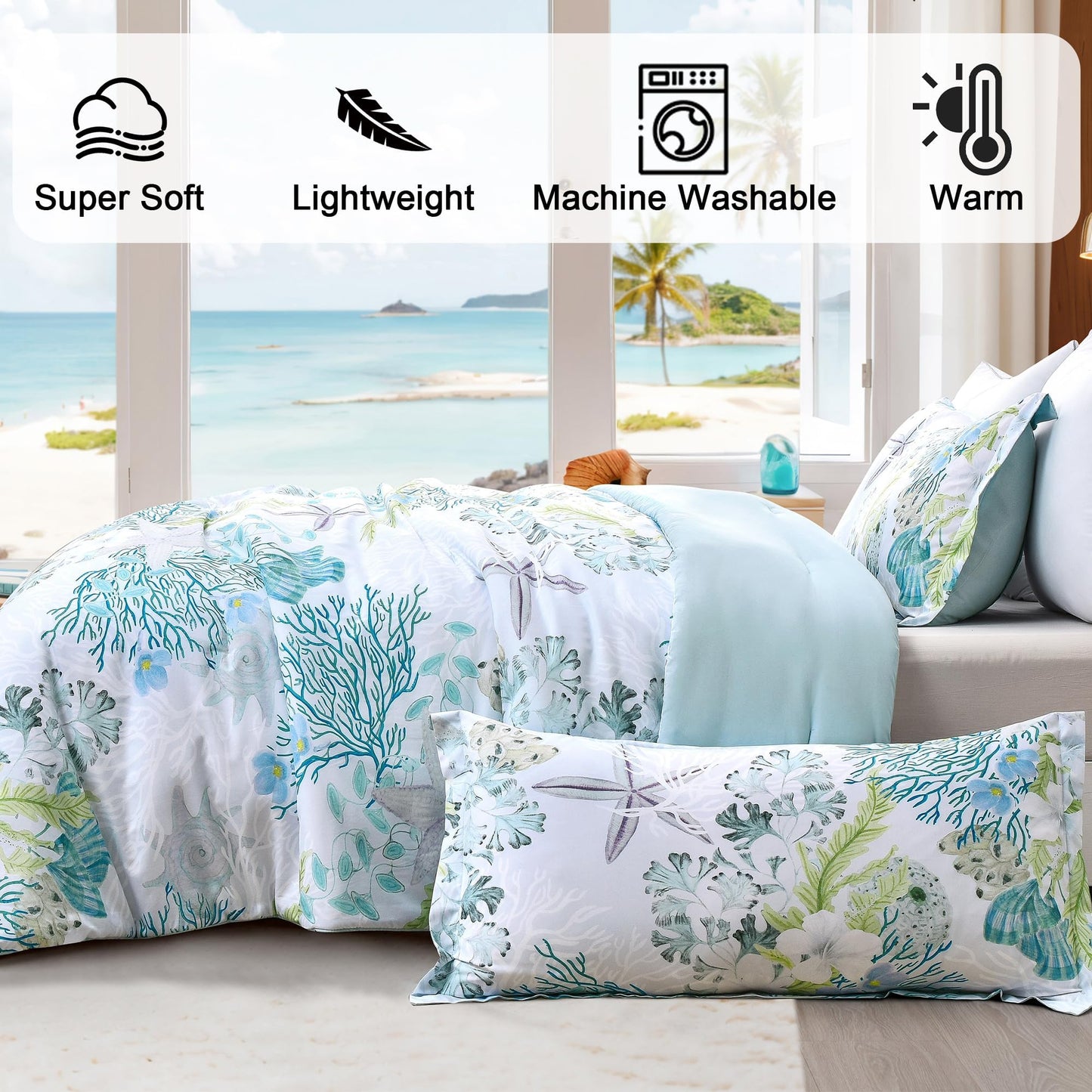 Tritard Coastal Comforter Set King Size 3 Piece, Soft Beach Themed Comforter, Ocean Nautical Lightweight Bedding Sets for All Seasons, (1 Reversible Comforter and 2 Pillow Shams), 104''x90'', C8
