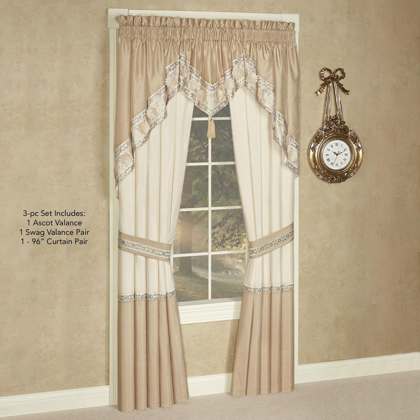 Luxury Elegante Sophisticated Polyester Faux Silk Window Treatment | Light Cream Ivory Metallic Gold | Sequins Embroidery Floral | 3 Piece Set with Ascot Valance and Swag Pair and 96L Curtain Pair