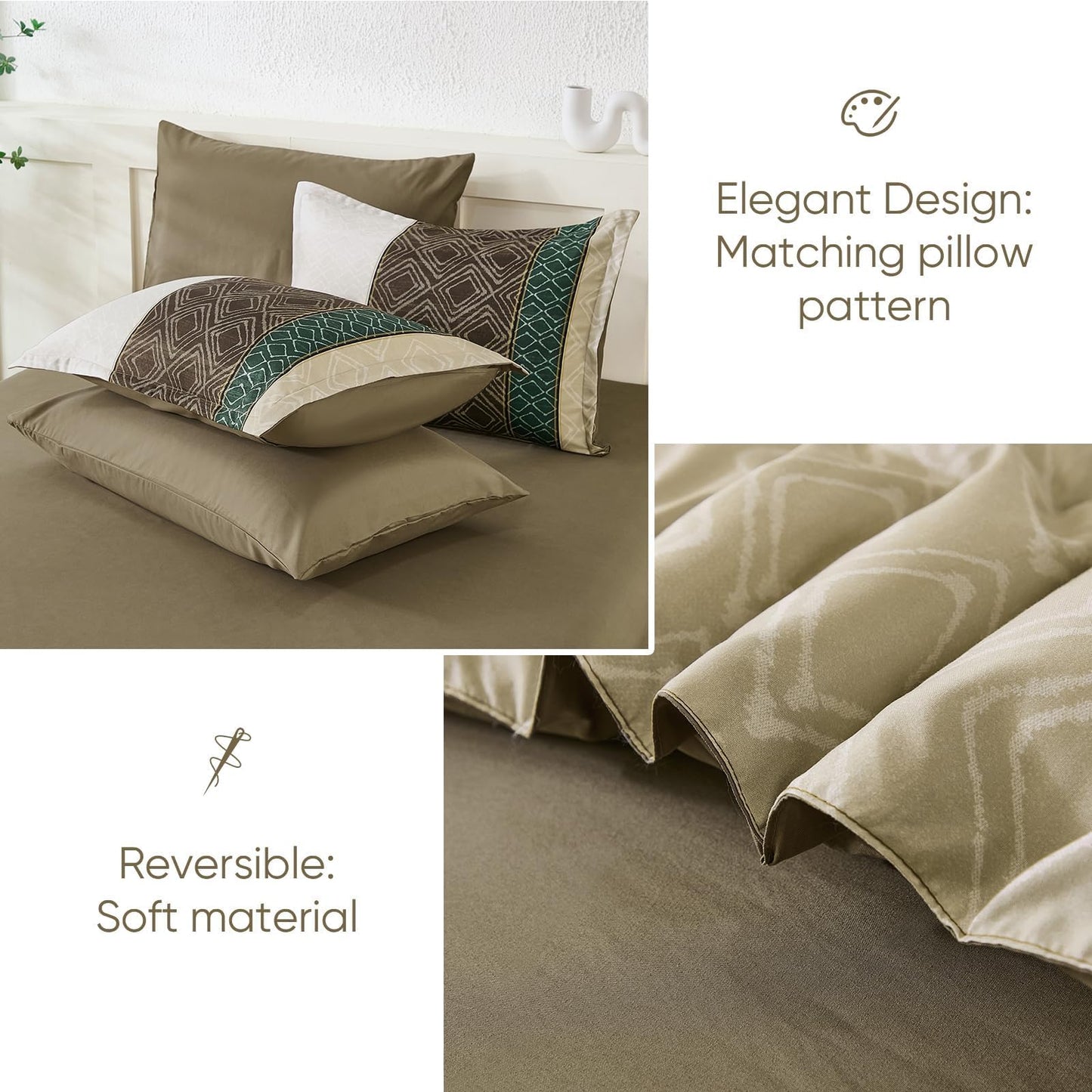Dinjoy Queen Comforter Set Khaki Boho,7 Piece Bed in a Bag Queen Size Lightweight Striped Beige Bedding Sets Comforters with Plaid Light Brown Bed Set with Sheets for All Season
