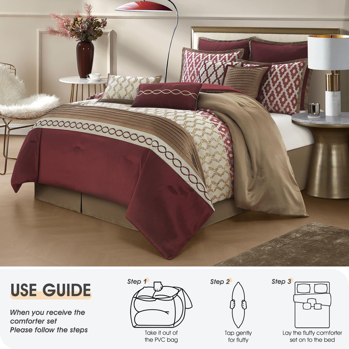 LANCO MODERN LIFESTYLE Queen Comforter Set, Burgundy, 10 Piece Bed in a Bag for All Seasons, Luxury Extreme Comfort Bedding Sets with Bedskirt, Pillow Shams, Euro Shams and Decor Pillows