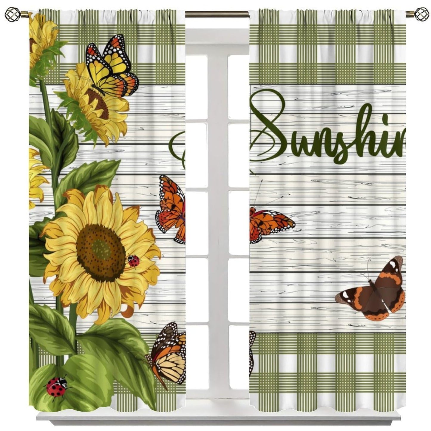 Spring Sunflower Curtains Rustic Plant Helianthus Yellow Flower Butterfly Pattern Rod Pocket Window Treatments for Girls Kids Bedroom Kitchen Living Room 2 Panel Set 41" x 45" (No Blackout)