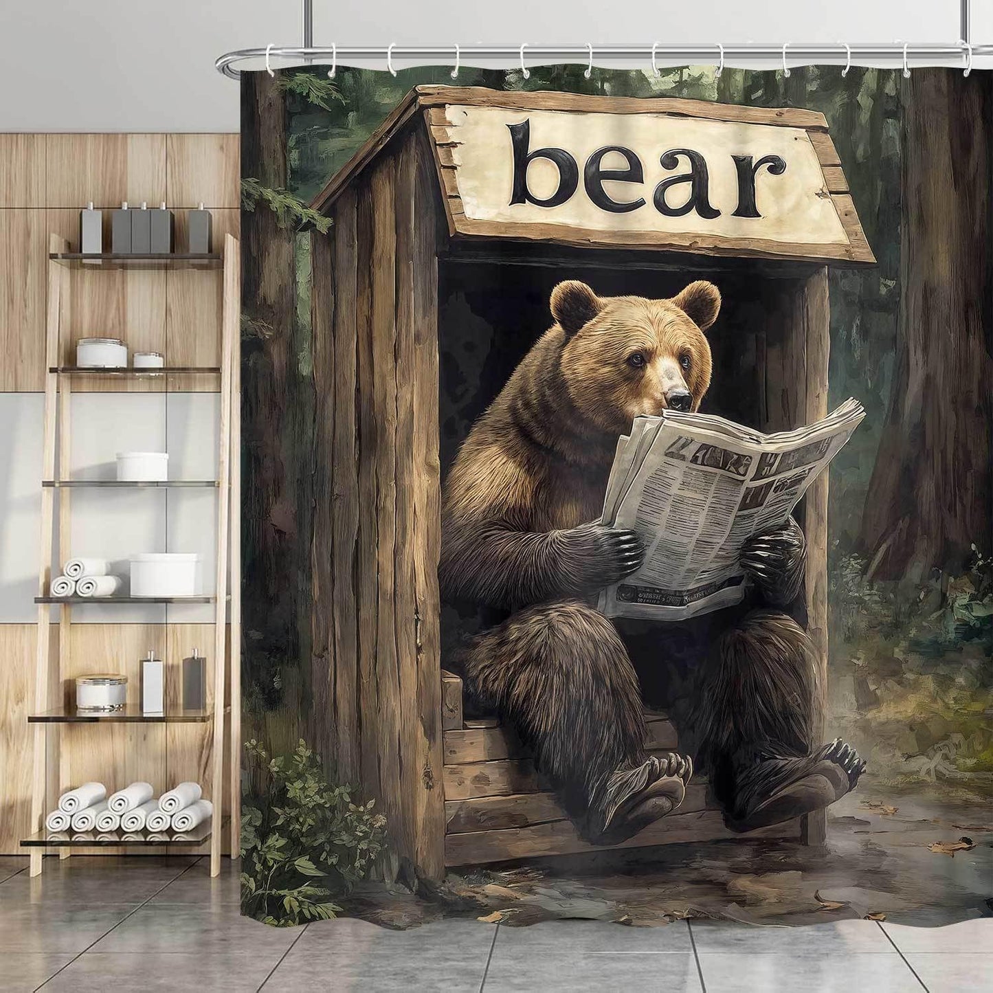 Dizifinn Rustic Bear Shower Curain, Country Cabin Woodland Bear Bathroom Accessories, Farmhouse Hunting Camp Fabric Shower Curtains for Bathroom Decor, with Hooks 72x72 Inch