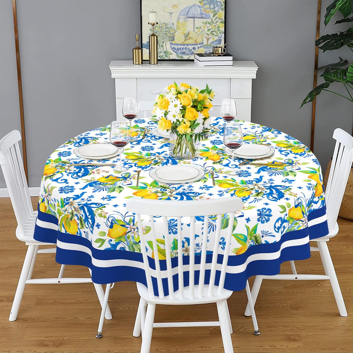 Maytycroo Spring Summer Lemon Table Cloth 60x60 Inch Waterproof Washable Lemon Round Tablecloth Spring Summer Table Decor for Dining Holiday Party