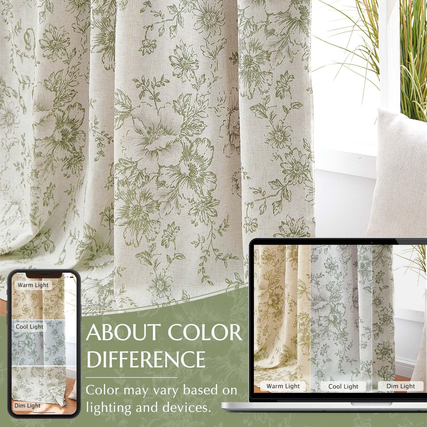 jinchan Blackout Floral Curtains for Living Room Bedroom Linen Blend Curtain Farmhouse Green Printed with Lined Back Tab Rod Pocket Drapes Window Treatments 2 Panels 63 Inch