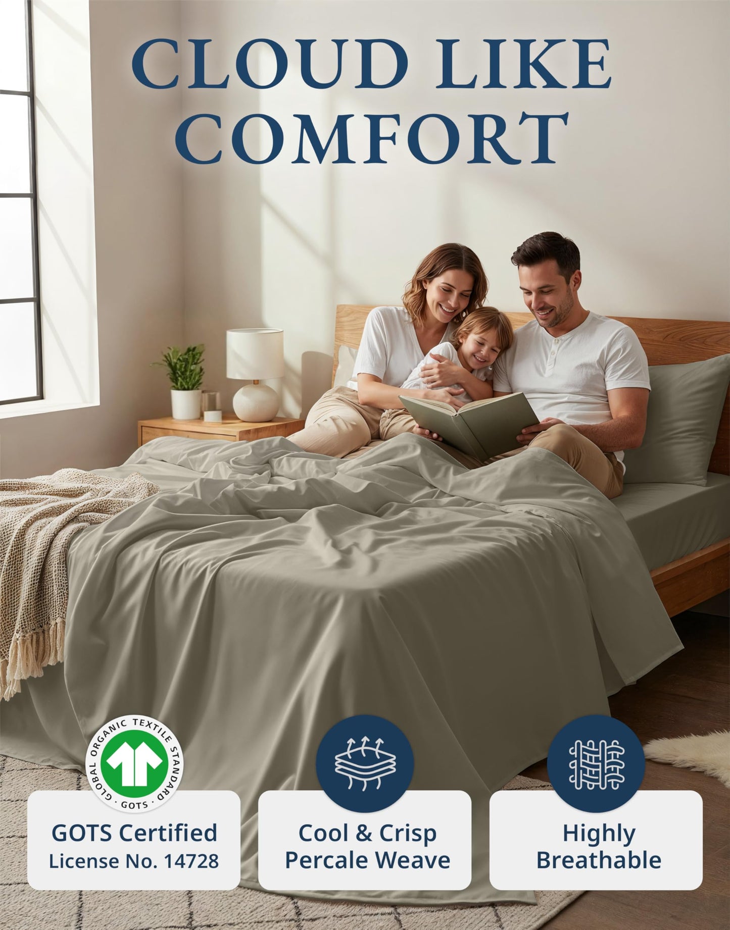 LANE LINEN 100% Organic Cotton Mercerized Queen Sheets, Soft & Comfy Naturally Cooling Cotton Sheets Queen Size Set, Classic Percale Weave Low Pill Fade Resistant Queen Bed Sheets- Silver