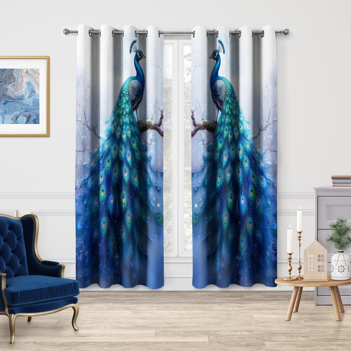 Jekeno Peacock Blackout Curtain Blue Bird Artistic Tree Branch Print Grommet Top Window Drapes for Bedroom Living Room Decor Luxury Animal Theme 2 Panels(52x84 Inch)
