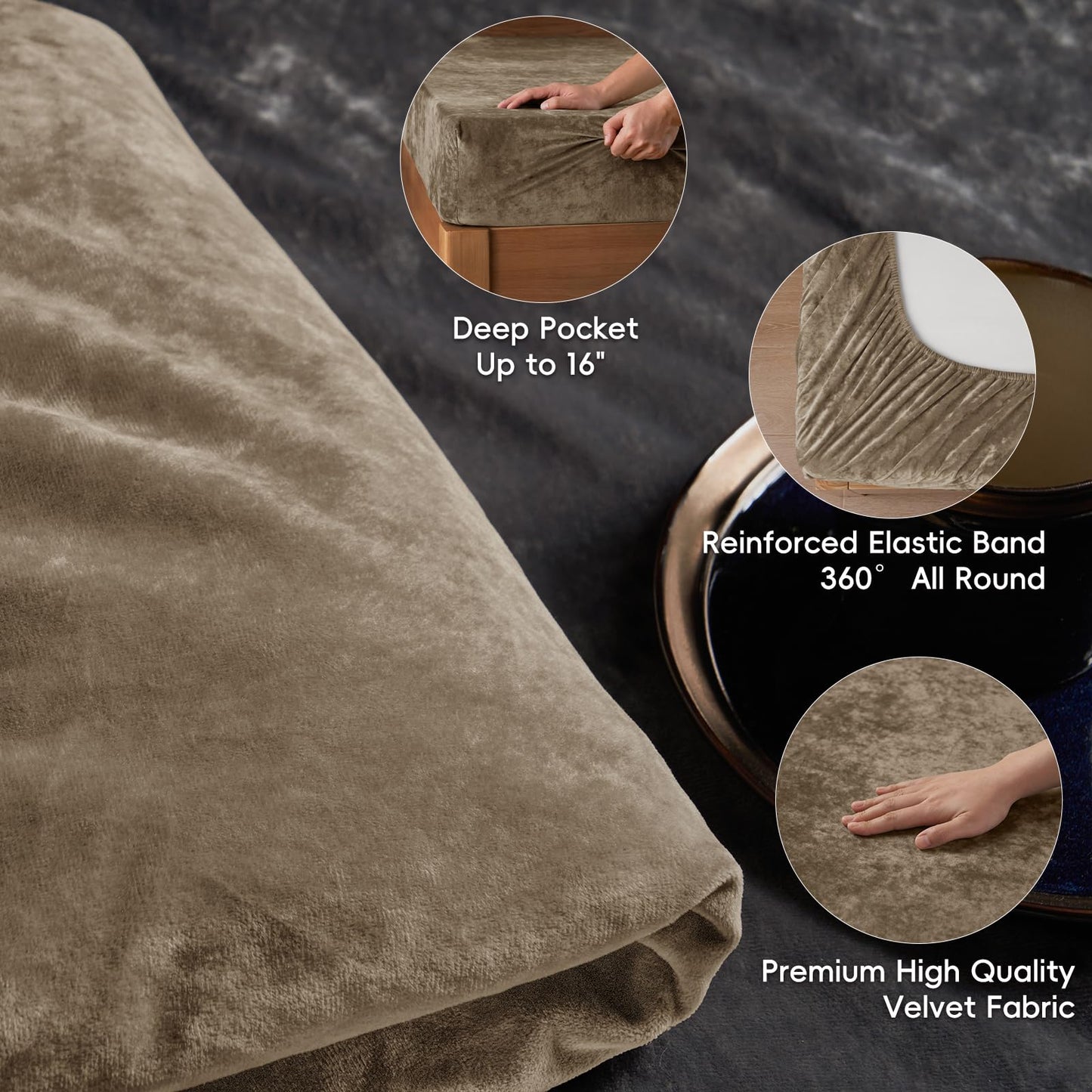 PHF Truly Velvet Fitted Sheet Only Queen Size, Luxury Super Soft Cozy Fuzzy Fleece Bottom Sheet, Deep Pocket Up to 16",Strenghth Elastic Band,Suitable for Fall Winter Spring, No Pillowcases, Khaki