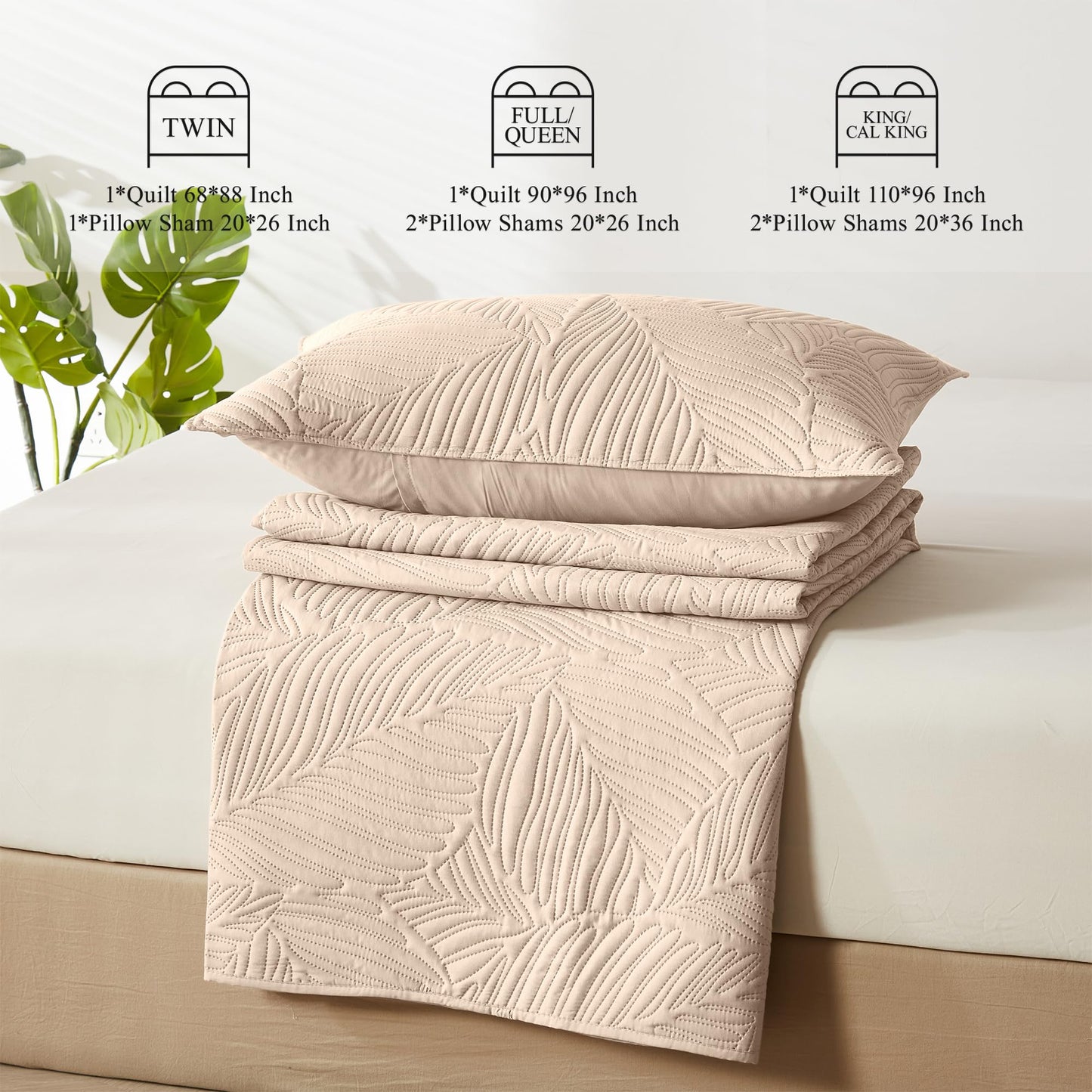OARAGE Queen Quilt Bedding Set Soft Lightweight Beige Bedspread with Leaf Pattern,Ultrasonic Microfiber Bed Coverlet Full Size for All Season (1 Quilt, 2 Shams)